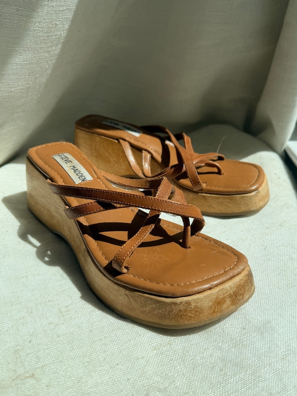 Steve Madden May Cognac Leather Y2K Platform Wedge Sandals 6.5B